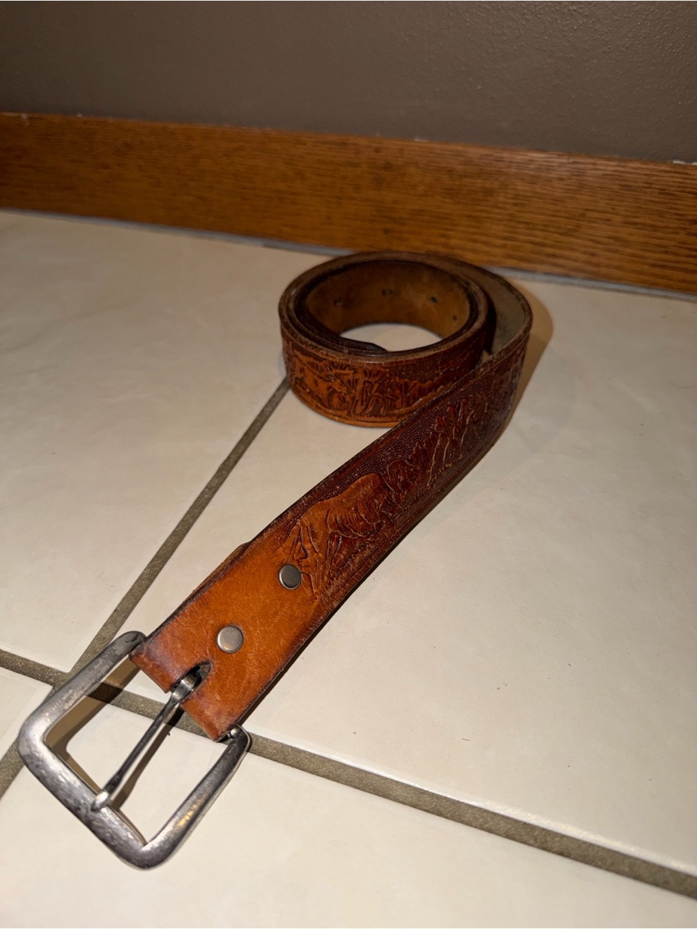Vintage Leather Belt with Animals Tooled